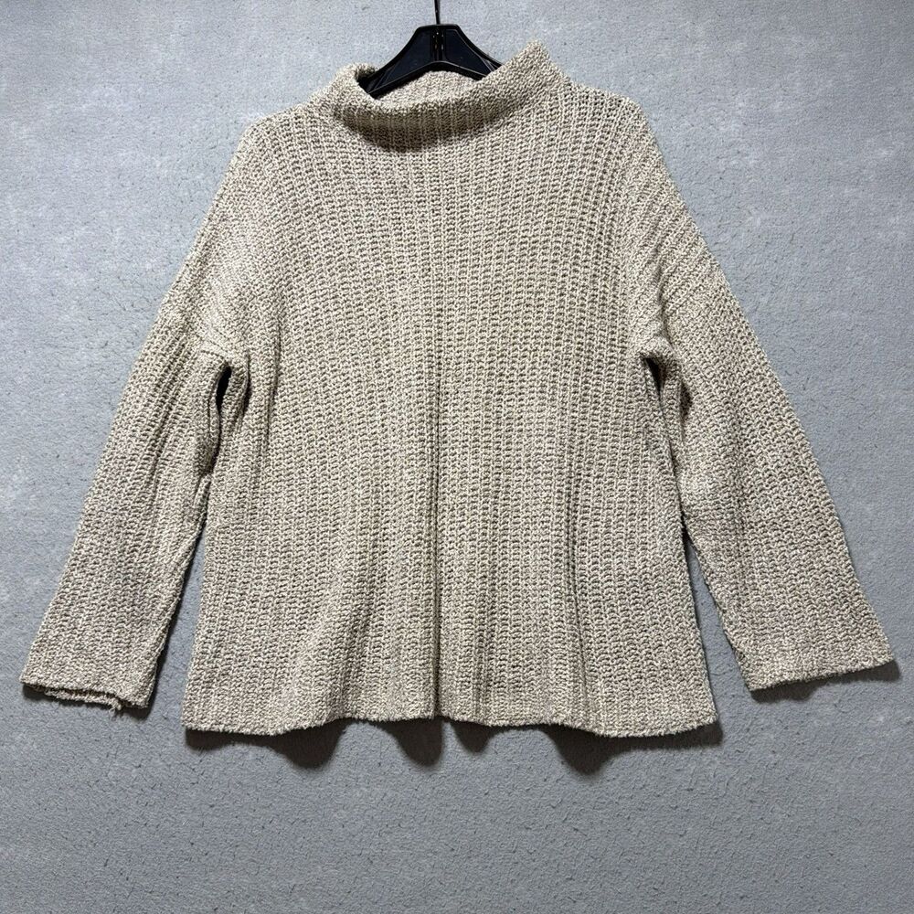 EILEEN FISHER Sweater M Medium Beige Cotton Chunky Jumper Funnel Neck Pullover